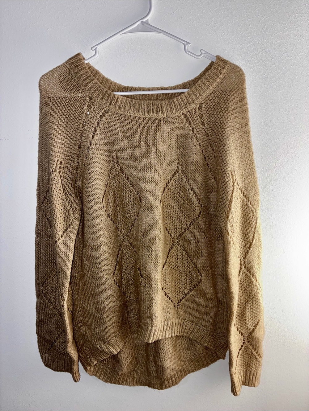 Olivia Sky Open-Knit Diamond Sweater in Tan